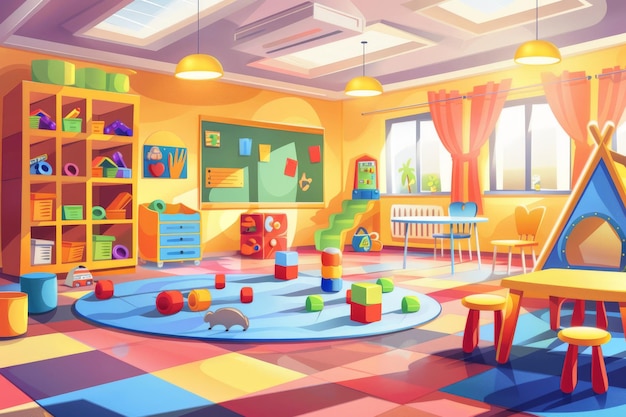 Photo kindergarten toy room kid classroom nursery preschool daycare play game child toys indoor playground interior childish at wall playroom vector illustration background