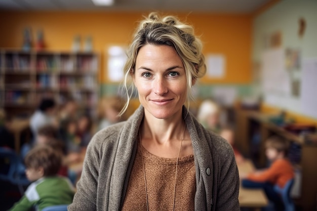 A kindhearted daycare teacher is depicted radiating warmth and compassion Her nurturing smile and gentle demeanor create a welcoming environment where young minds can thrive and blossom Generative AI