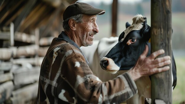 Photo a kindlooking older man in a cap and plaid shirt strokes a black and white cow in a barn