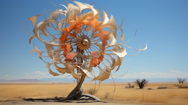 Kinetic sculpture harnessing wind energy Created with Generative AI technology