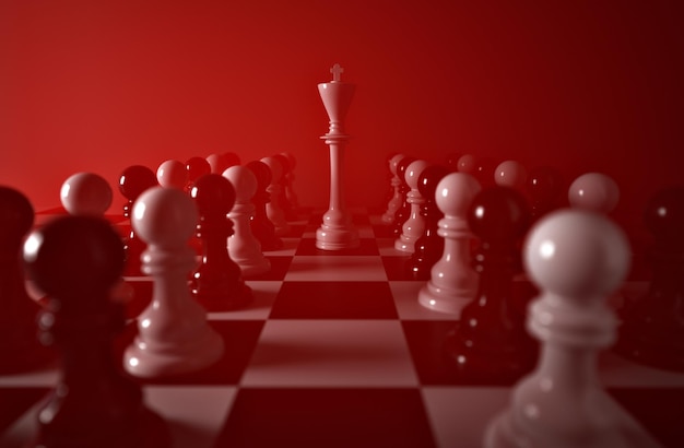 King chess piece standing among pawns on chessboard leadership concept d rendering