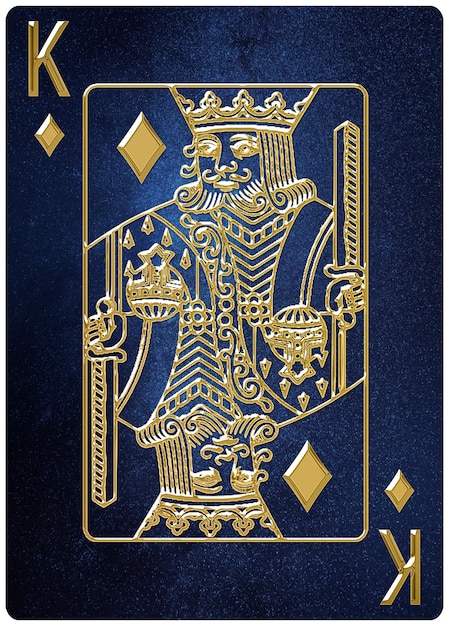 King of diamonds playing card, space background, gold silver symbols, With clipping path.