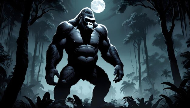 King Kong in a moonlit jungle and his eyes gleaming with predatory intensity