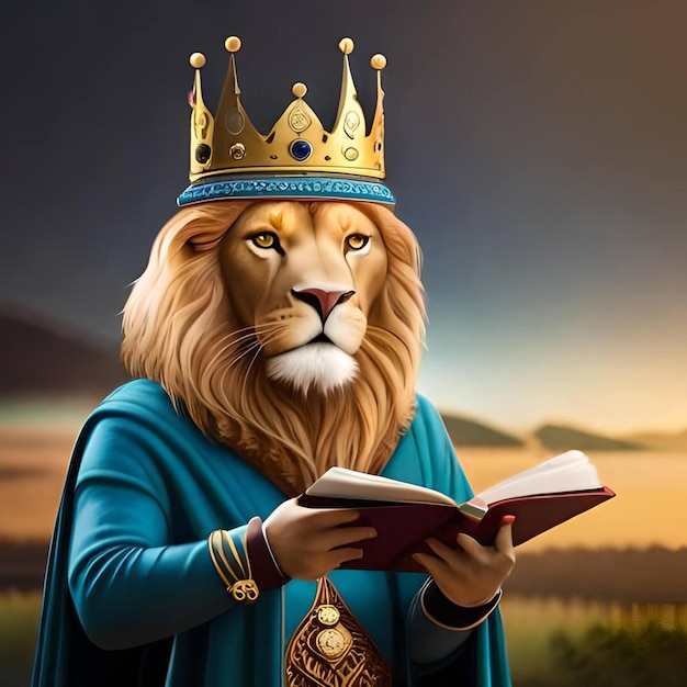 The King Lion Bookworm Character Wearing crown And Reading A Book Illustration generated ai