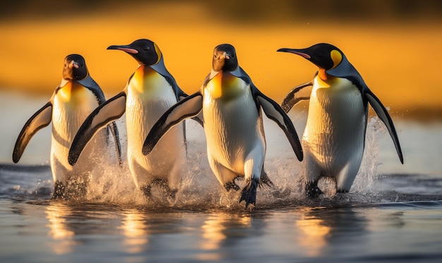 King penguins Aptenodytes patagonicus coming out of the water