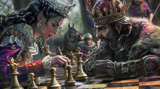 A king and queen are playing chess in a grand hall The king is wearing a red and gold robe and the queen is wearing a blue and white dress