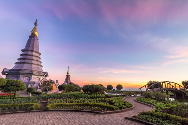 King and queen pagoda, green garden and pink sky at colorful sunset. Doi Inthanon national park, Thailand