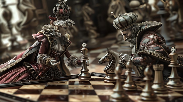 A king and queen play chess in a dimly lit room The king is wearing a red and gold robe and the queen is wearing a blue and silver dress