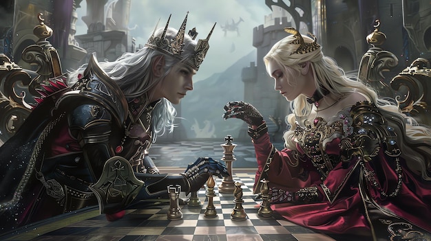 A king and queen sit on an ornate chessboard The king is dressed in black and gold while the queen is dressed in red and gold