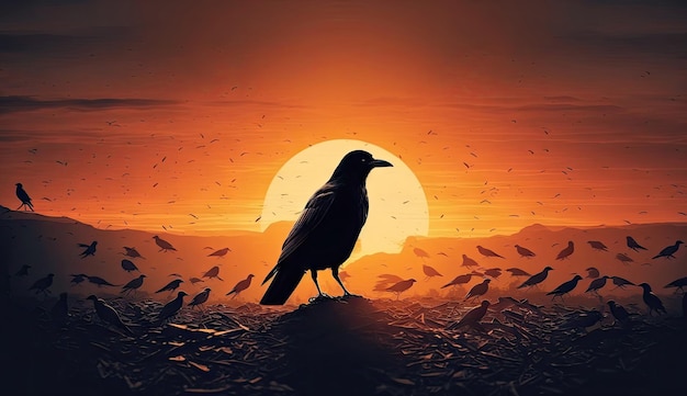 The King of royal black crow standing out between other crows black bird nature animal Generative AI