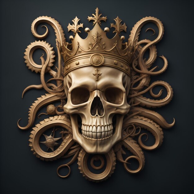 King skull illustration with octopus on solid background for Tshirt print design or tattoo