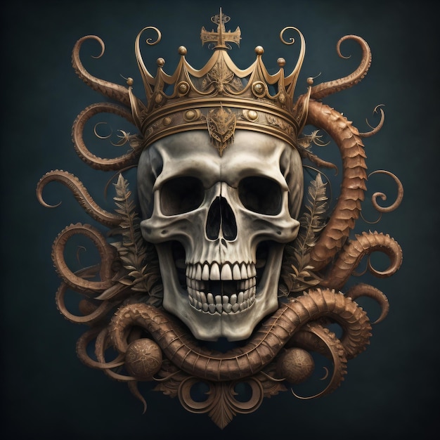 King skull illustration with octopus on solid background for Tshirt print design or tattoo