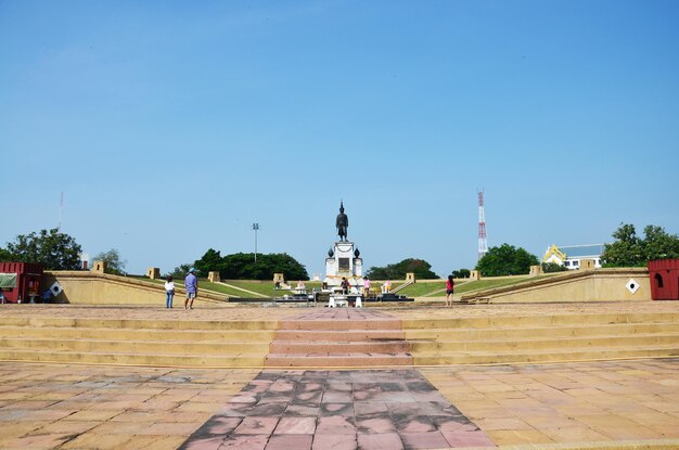 King Somdet Phra Narai Maharat the Great Statue or Ramathibodi III monument at roundabout for thai people travelers travel visit respect praying at Lopburi city on January 8 2011 in Lopburi Thailand