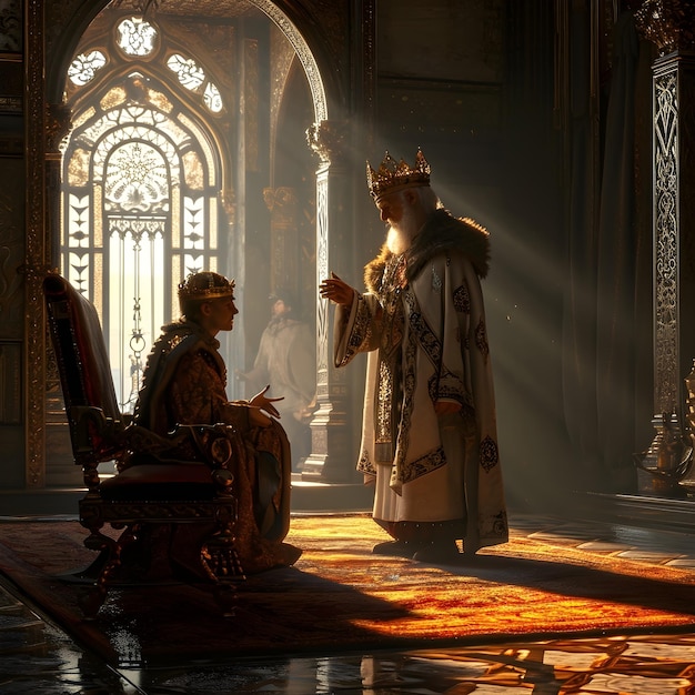 a king who is handing over his throne and crown to his son inside the palace realistic photography