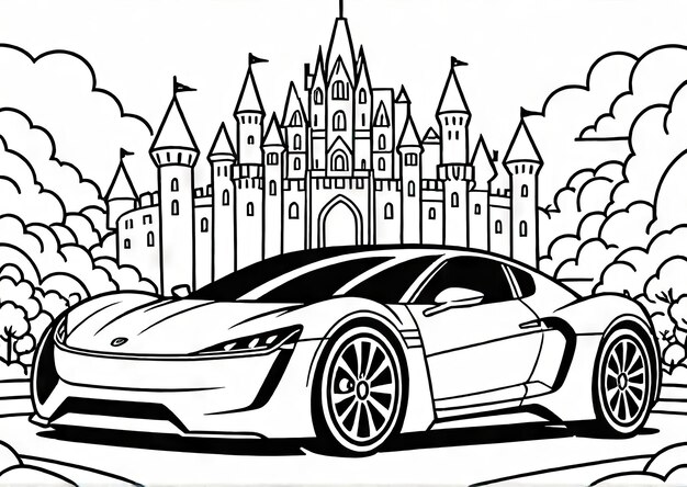 Kingdom Drive AIGenerated Coloring Page with Super Futuristic Car and Castle Background