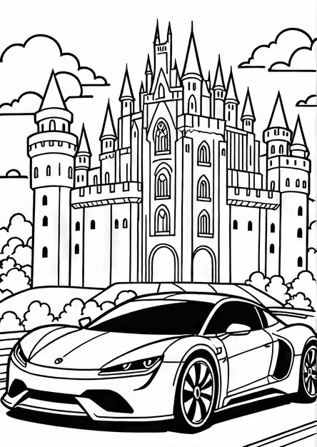 Kingdom Drive AIGenerated Coloring Page with Super Futuristic Car and Castle Background