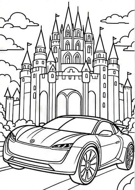 Kingdom Drive AIGenerated Coloring Page with Super Futuristic Car and Castle Background