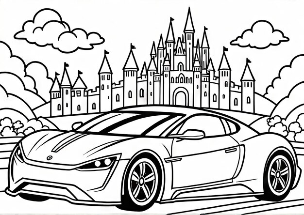 Kingdom Drive AIGenerated Coloring Page with Super Futuristic Car and Castle Background