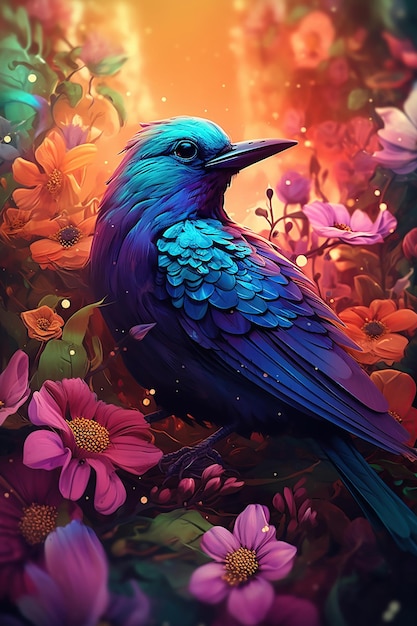 Kingfisher bird in colorful colorful flowers Generative Aibird in colorful colorful flowers Generative Ai