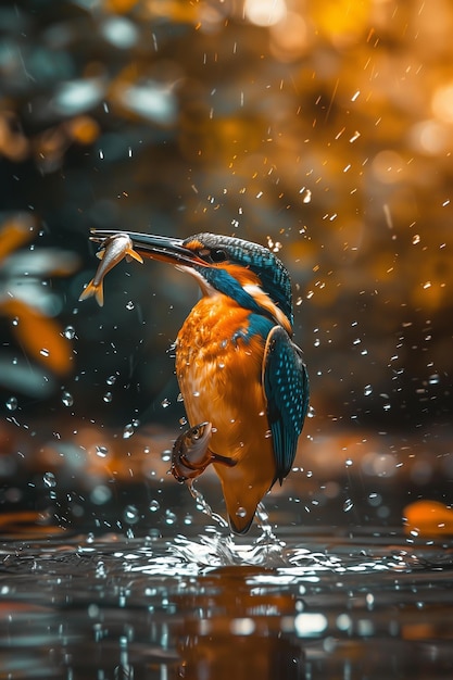 Photo kingfisher catches fish from the water in the forest river