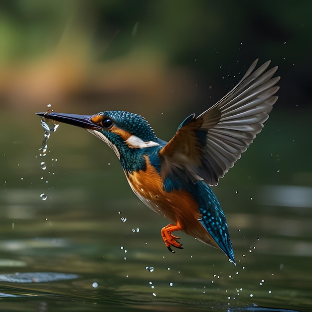 Kingfisher flies over a lake of water and the water moves in a yellowish background