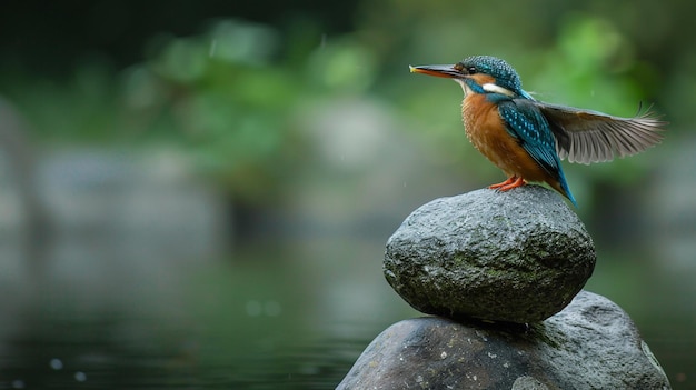 a kingfisher sits on a rock in front of a pond