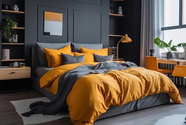 Kingsize bed with yellow and grey bedding in modern bedroom