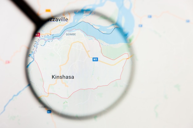 Kinshasa, Democratic Republic of the Congo city visualization illustrative concept on display screen through magnifying glass