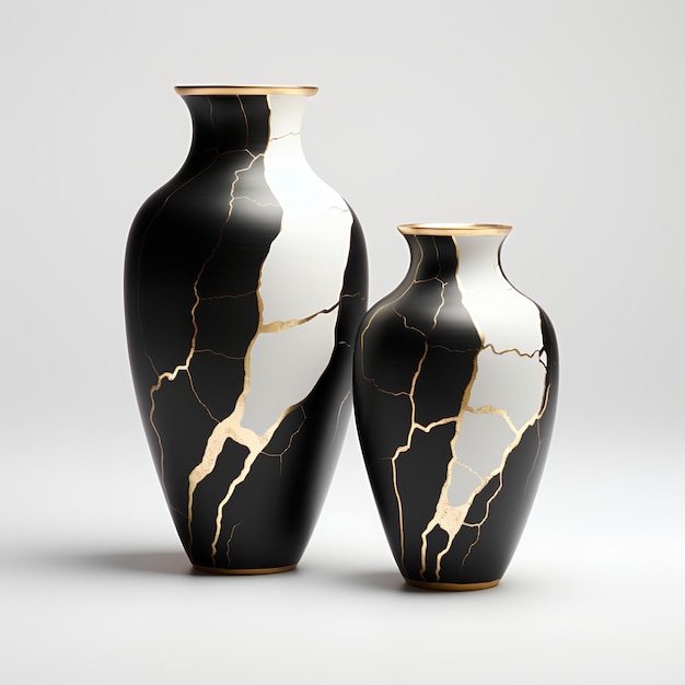 Kintsugi Art Japan Vase in Color Black White Background