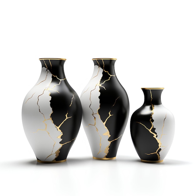 Kintsugi Art Japan Vase in Color Black White Background