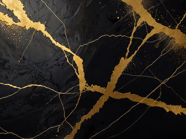 kintsugi black background with texture and repair of cracks with gold pigment