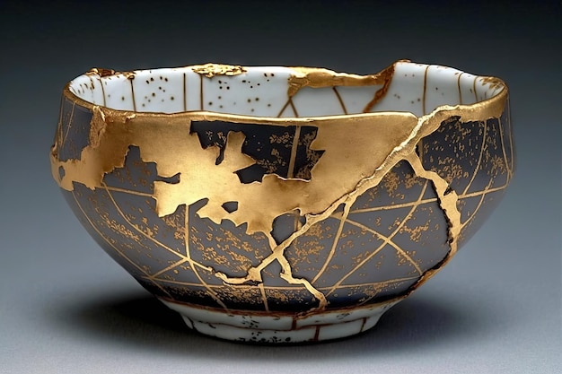 The kintsugi bowl the antique restoration method was used to repair gold cracks in old japanese