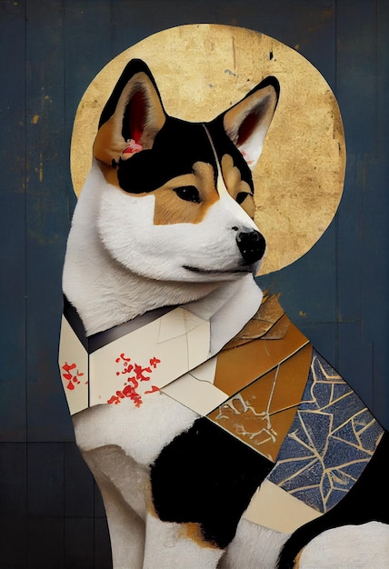 Kintsugi collage pop Japanese art elegant Akita Inu.