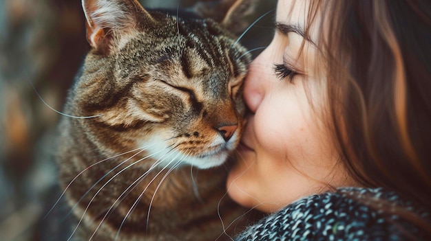 kiss girl with cat Selective focus