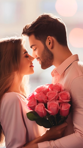 Kissing couple holding a bouquet of roses with a blurred background Suitable for romantic or Valentines themed content Vertical format