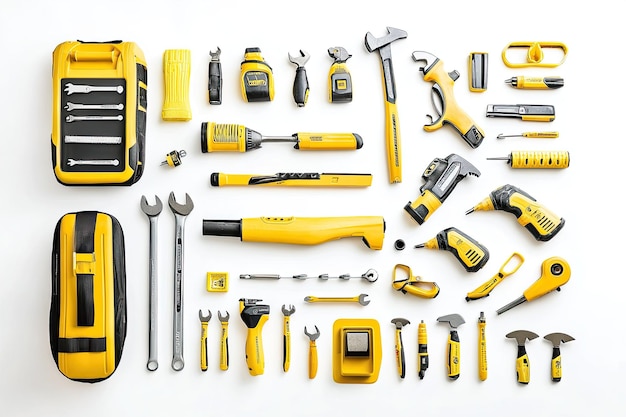 Photo kit of construction tools and instruments isolated on white background