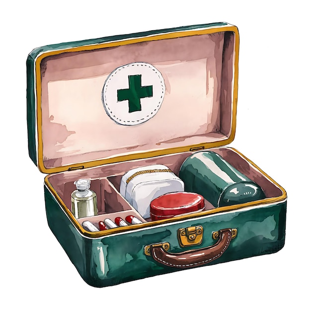 Photo the kit contains various medical supplies including a small bottle of clear liquid