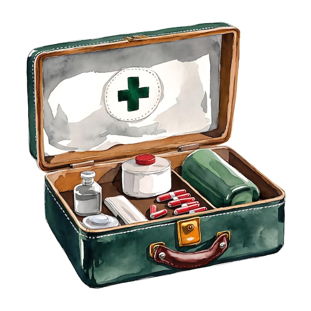 Photo the kit contains various medical supplies including a small bottle of clear liquid