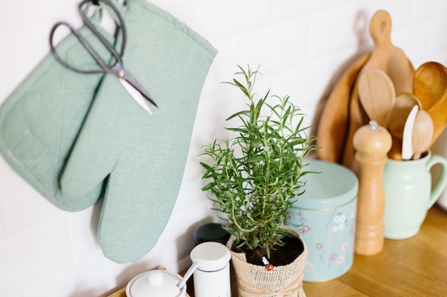 Kitchen accessories in a ceramic brick wall 