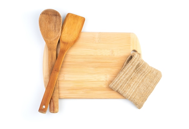 Kitchen accessories on a white wall. Top view with space to copy.