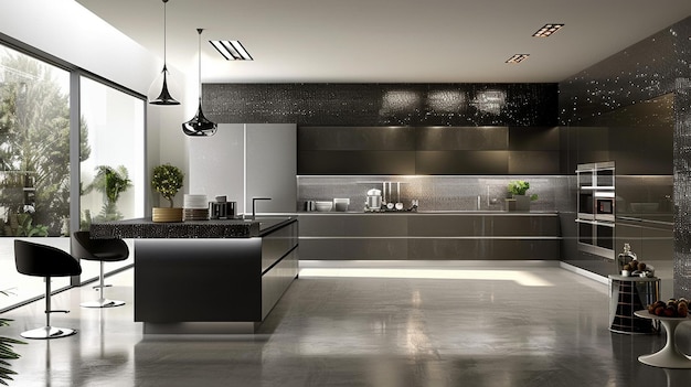 The kitchen boasts a minimalist design with clean lines complemented by metallic accents on the