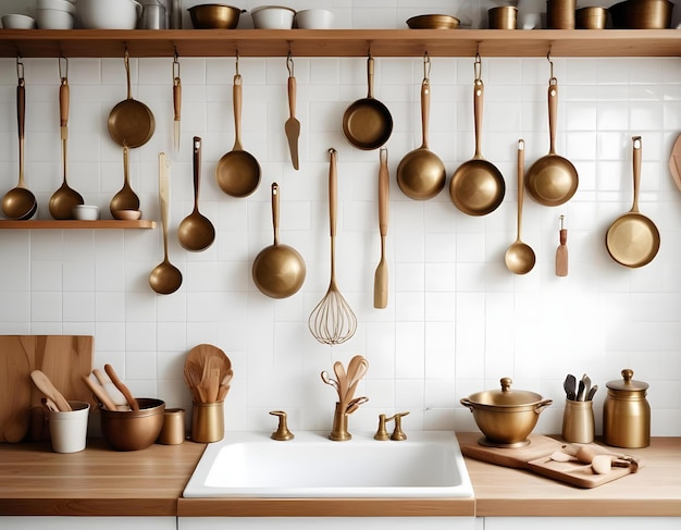 Photo kitchen brass utensils chef accessories hanging kitchen with white tiles wall and wood tabletop kitchen background copy space