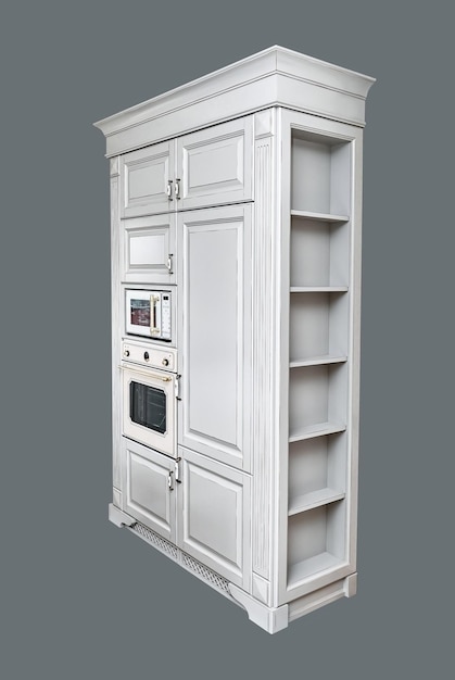 Kitchen cabinet with builtin oven and microwave in country style isolated on gray background