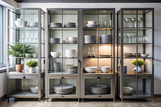 a kitchen cabinet with dishes and dishes in it