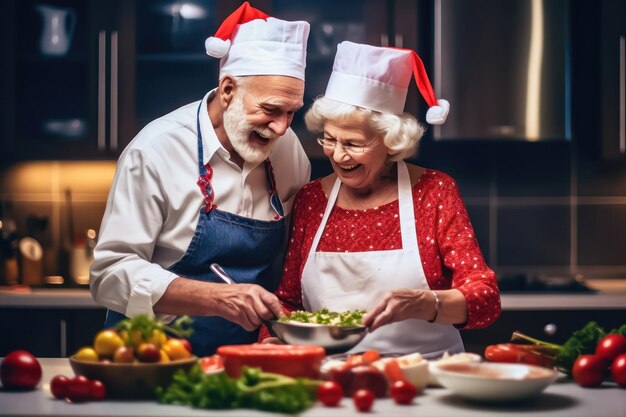 Kitchen Cheer Elderly Couple Cooking Christmas Dinner Generative AI