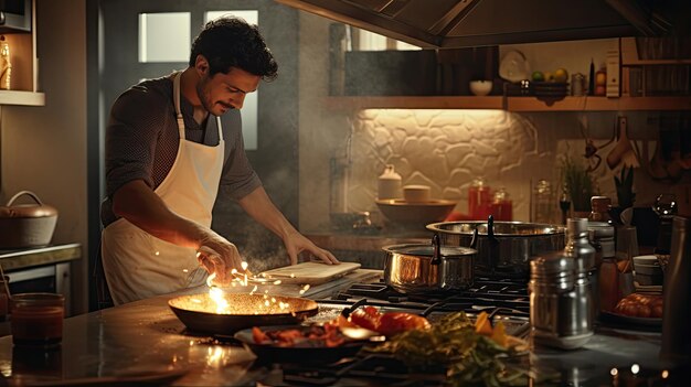 Kitchen during cooking with chef