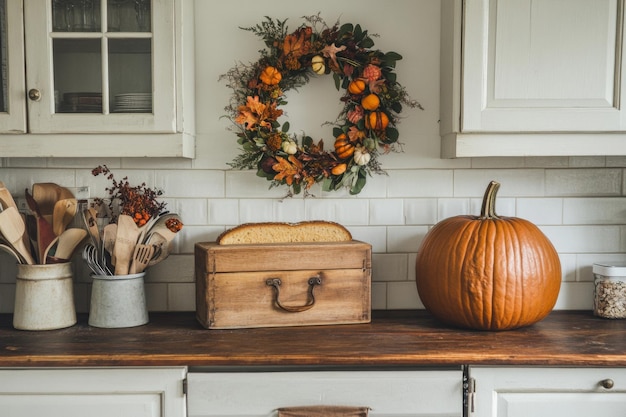 Kitchen Counter with Autumnal Decor and Bread in a Wooden Box