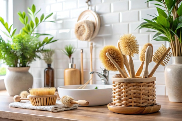 a kitchen counter with a basket of kitchen tools and a basket of kitchen utensils