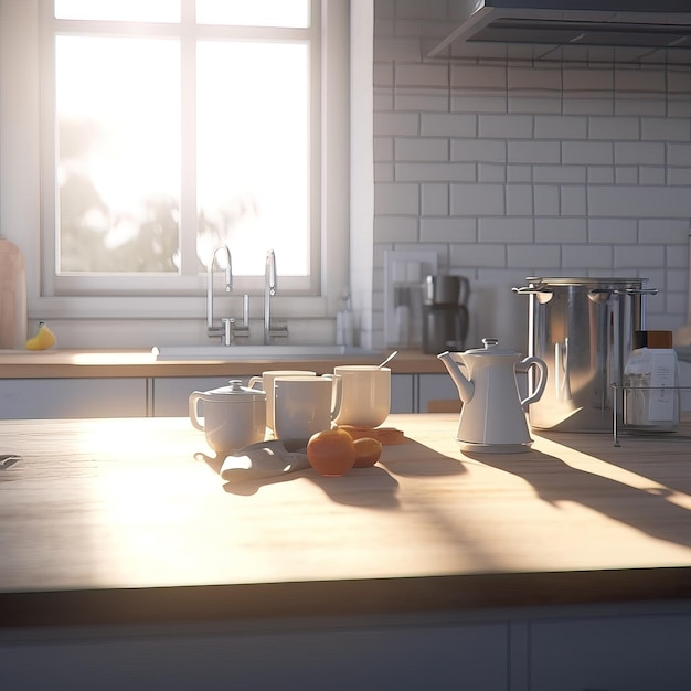 A kitchen counter with a bunch of white jugs and a bunch of oranges on it.