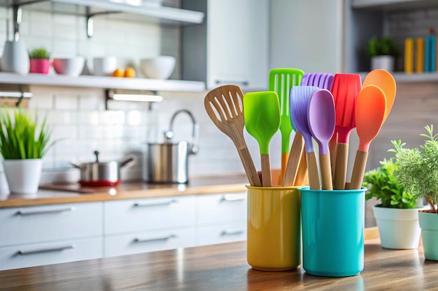 a kitchen counter with colorful plastic spoons and spoons on it